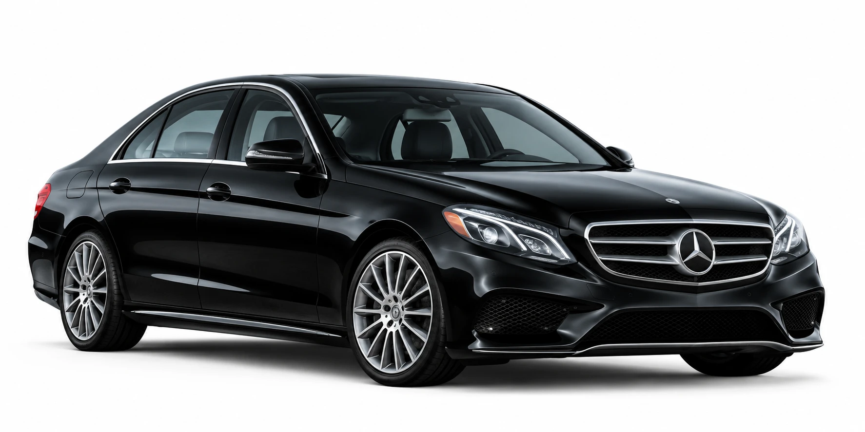 A black Mercedes E-Class saloon, front three-quarter view.