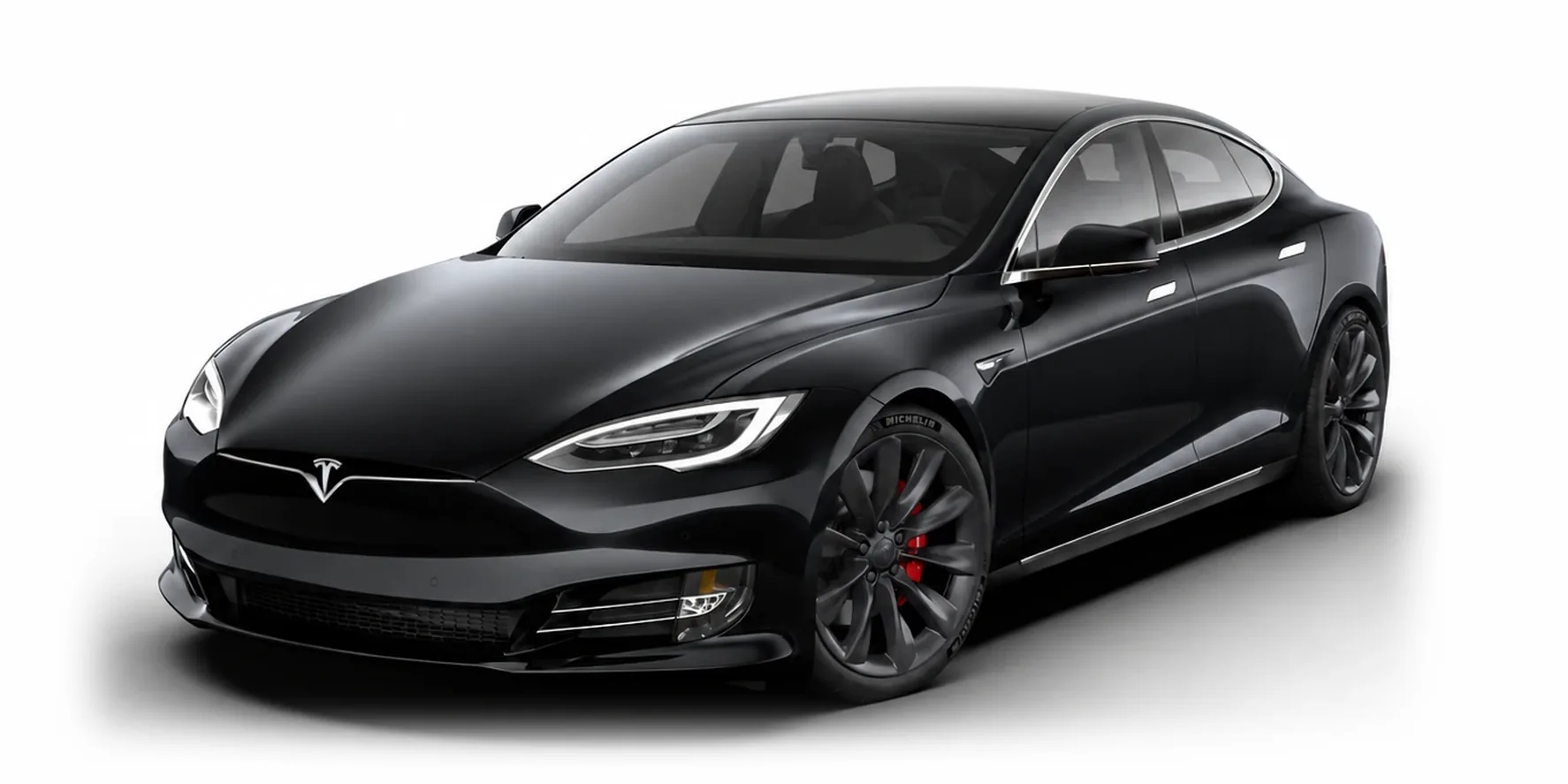 A black Tesla Model S saloon, front three-quarter view.