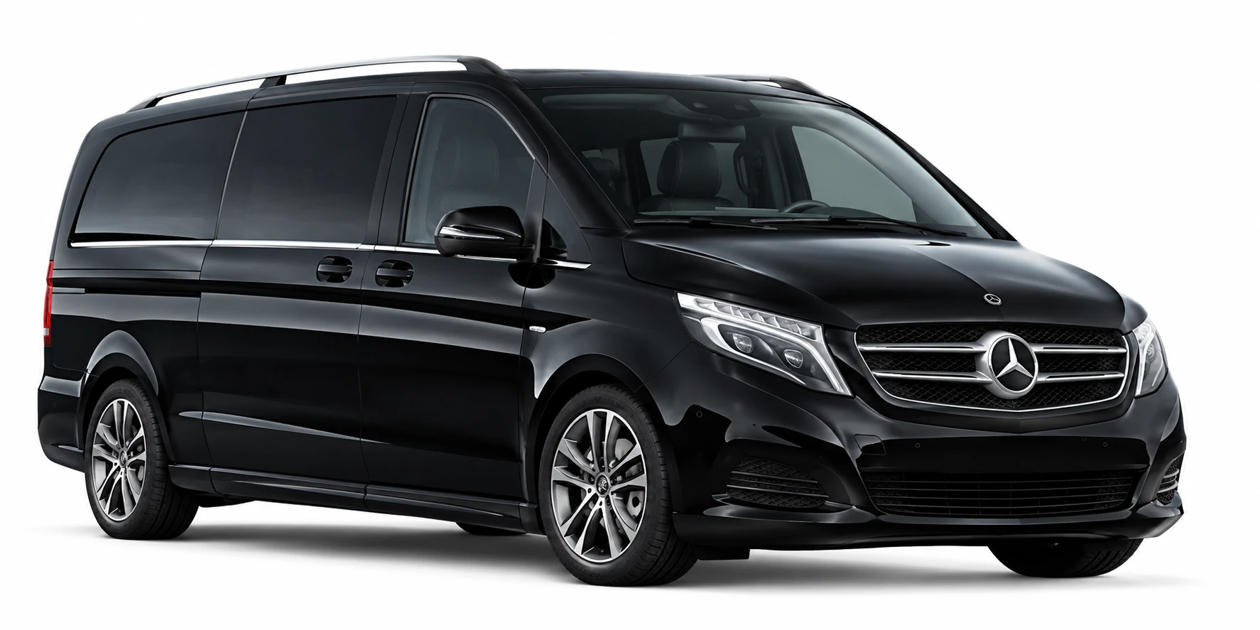 A black Mercedes V-Class van, front three-quarter view.