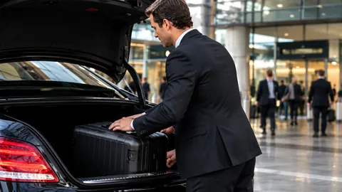 Un chauffeur charge une valise rigide dans le coffre d'une berline noire.