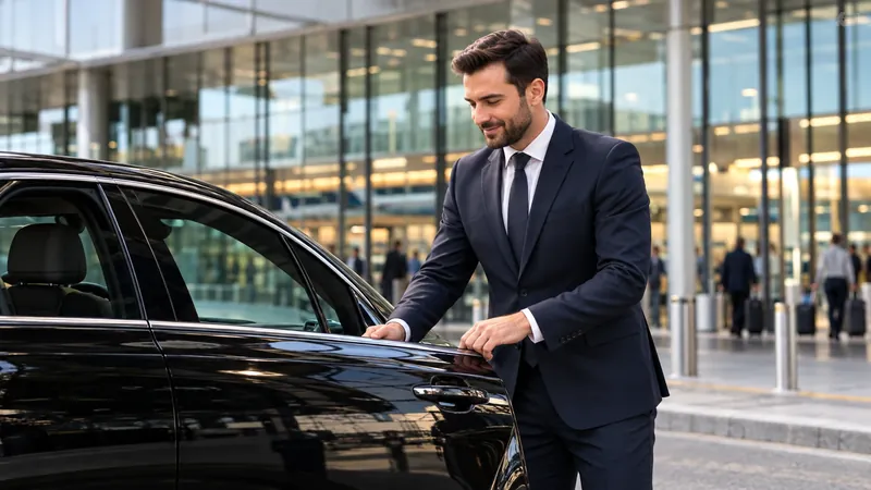 Un chauffeur ouvre la portière arrière d'une berline noire devant un terminal d'aéroport.
