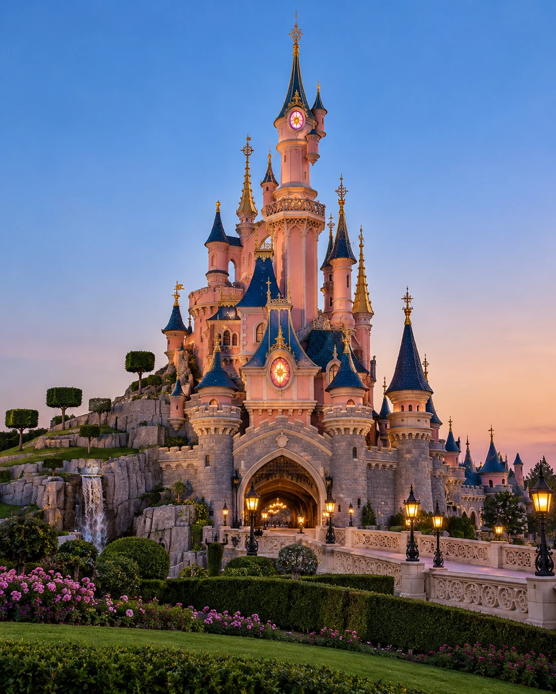 The castle at Disneyland Paris at dusk.