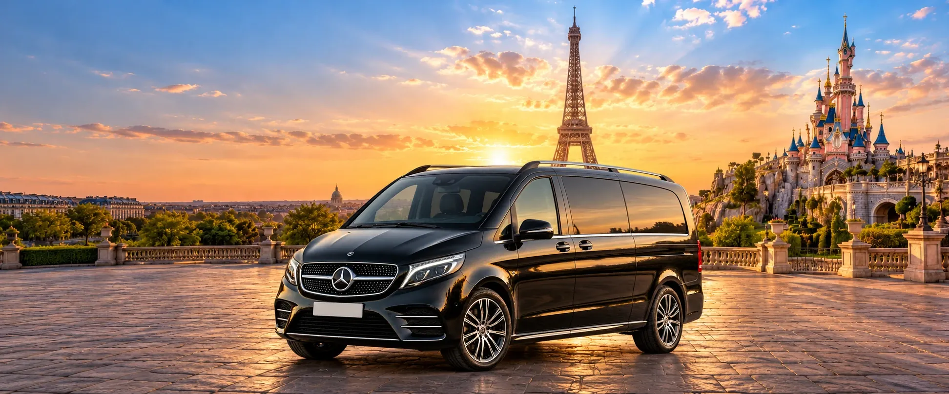 Un Mercedes Classe V noir sur une terrasse à Paris au coucher du soleil, avec la tour Eiffel et le château de Disneyland Paris derrière.
